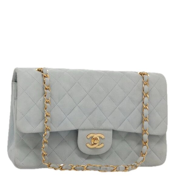 CHANEL Matelasse Chain Shoulder Bag Suede Light Blue Gold CC Auth 106433AV - Picture 1 of 16